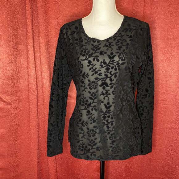 French Laundry Sz M Black Long Sleeve Velvet Floral goth witchy vampire classic - Picture 1 of 8
